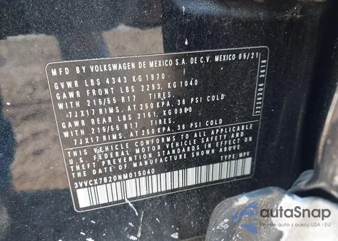 2022 Volkswagen Taos 1.5T S из США, поврежденный, VIN 3VVCX7B20NM015040